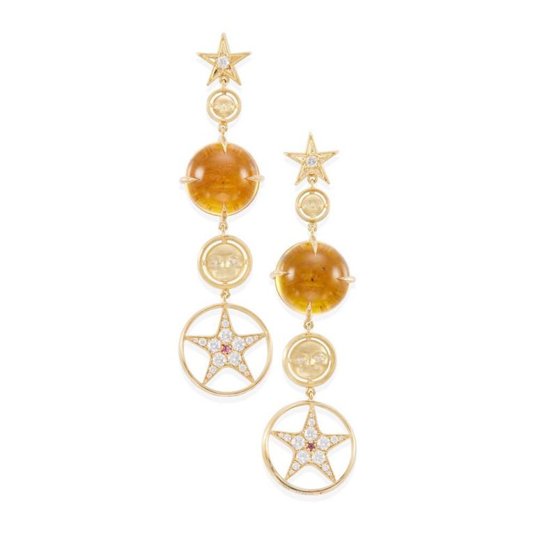 18k Gold Citrine, Ruby and Diamond Earrings
