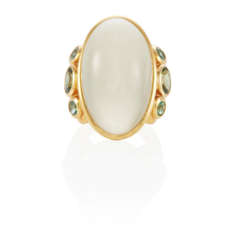 18k Gold Moonstone, Sapphire and Aquamarine Ring