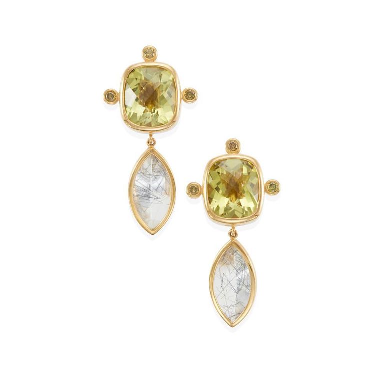 18k Gold Peridot, Diamond and Quartz Earrings