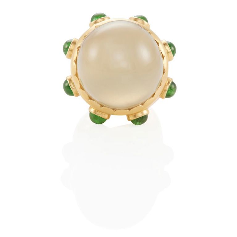 18k Gold Moonstone and Garnet Ring