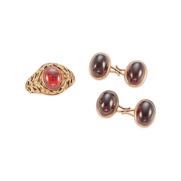 14k Gold Garnet Ring and Cufflinks Set