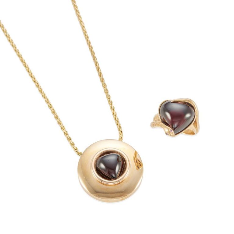 14k Gold Garnet Ring and Pendant Necklace Set