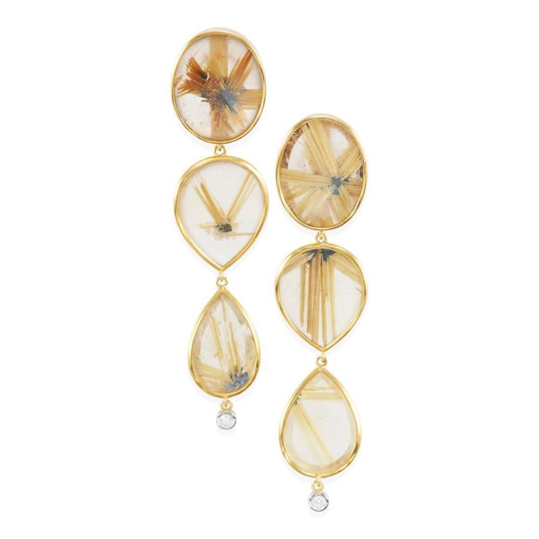 18k Gold Rutilated Quartz and Diamond Earrings