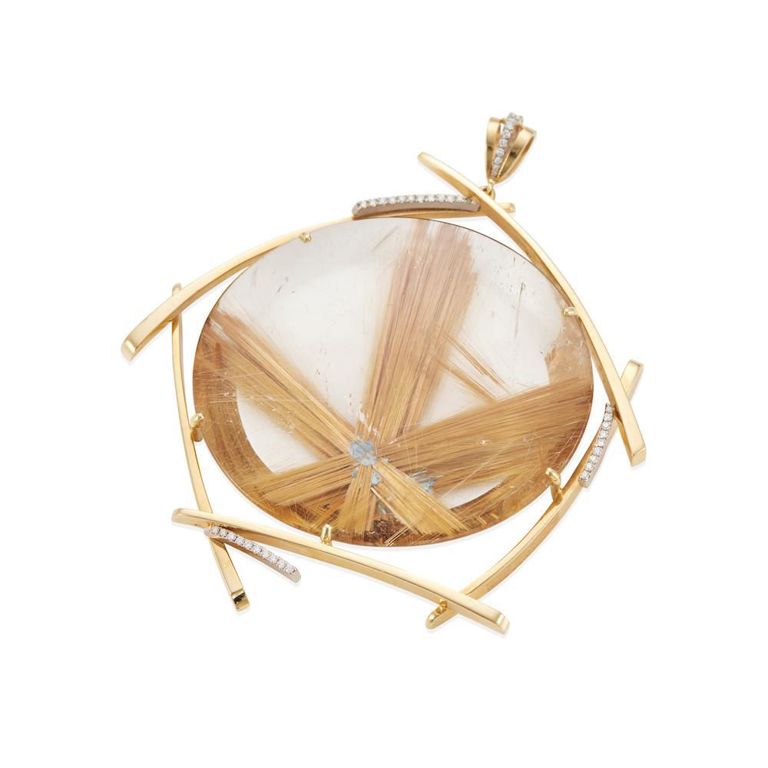 18k Gold Rutilated Quartz and Diamond Pendant