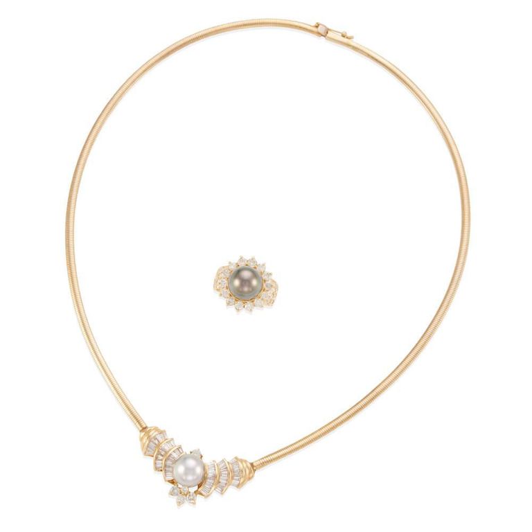 14k Gold Cultured Pearl and Diamond Jewelry Set
