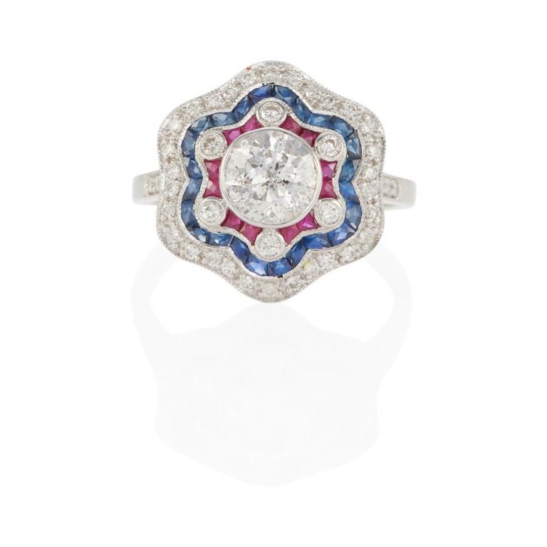 18k Gold Sapphire Ruby and Diamond Ring