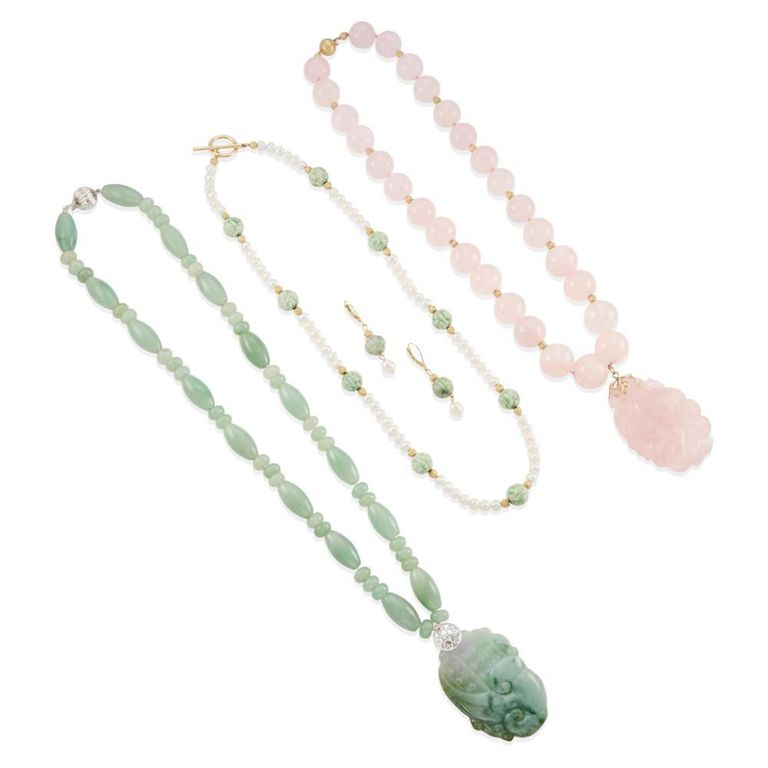 14k Gold Jade Quartz and Pearl Necklace Set