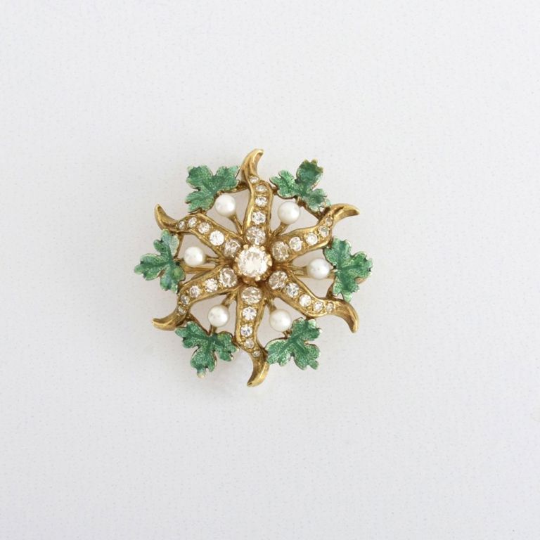 14k Gold Diamond, Pearl and Enamel Brooch/Pendant