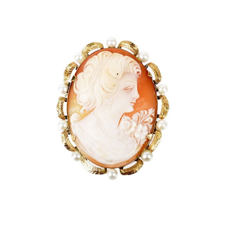 14k Yellow Gold Pearl and Shell Cameo Brooch