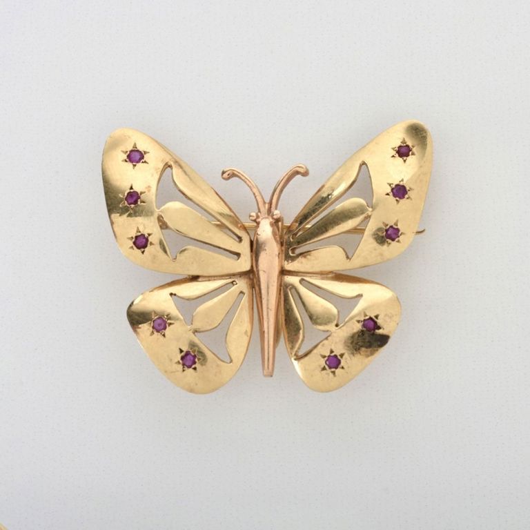 14k Yellow Gold Ruby Butterfly Brooch