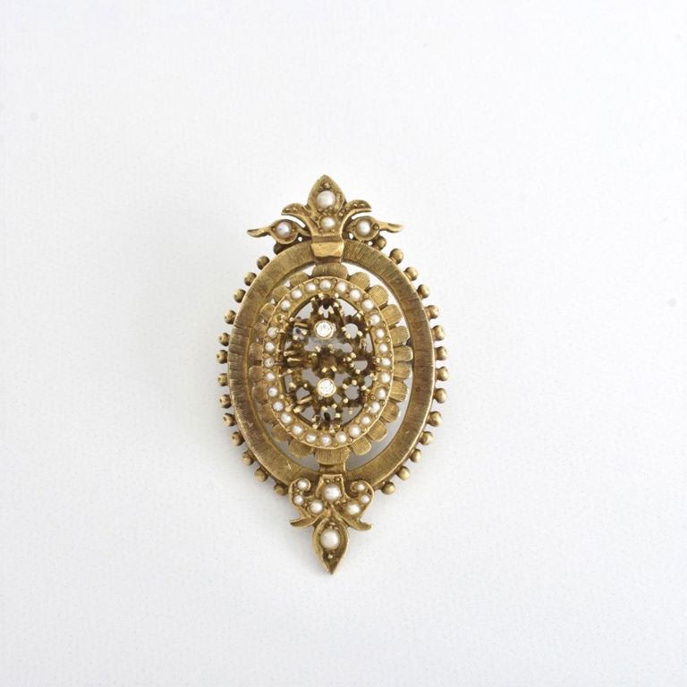 14k Yellow Gold Pearl and Diamond Brooch
