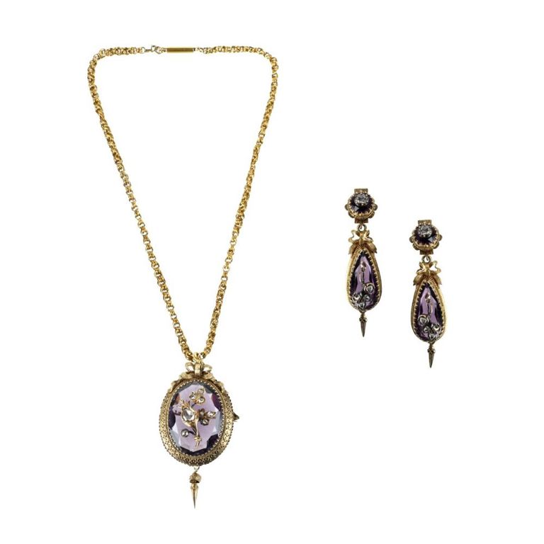 14k Yellow Gold Amethyst and Diamond Jewelry Set