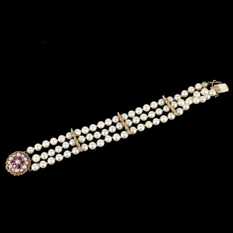14k Yellow Gold Pearl and Ruby Bracelet