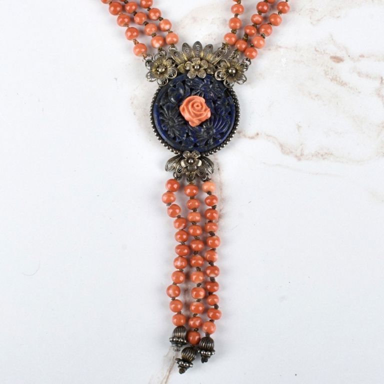 Silver Coral and Lapis Lazuli Pendant Necklace
