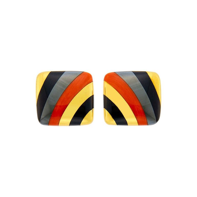 18k Gold Black Jade, Hematite and Coral Earclips