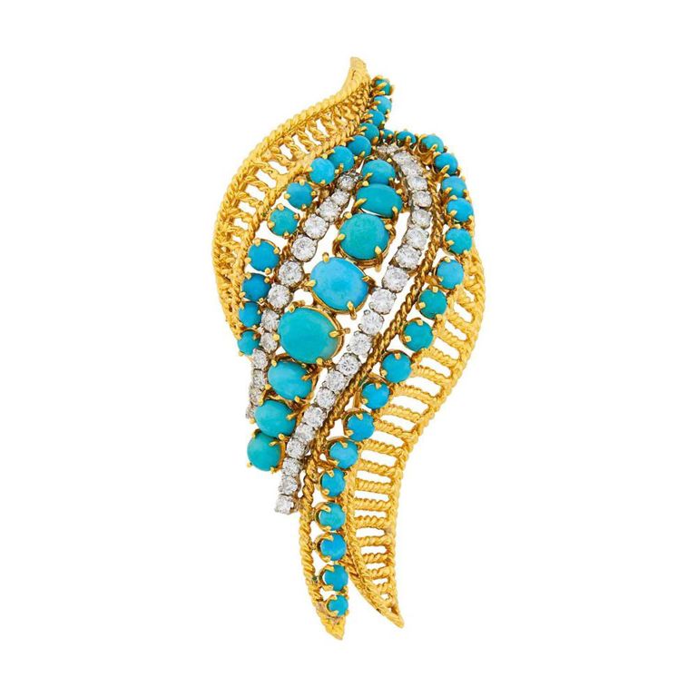 Gold Turquoise and Diamond Clip Brooch