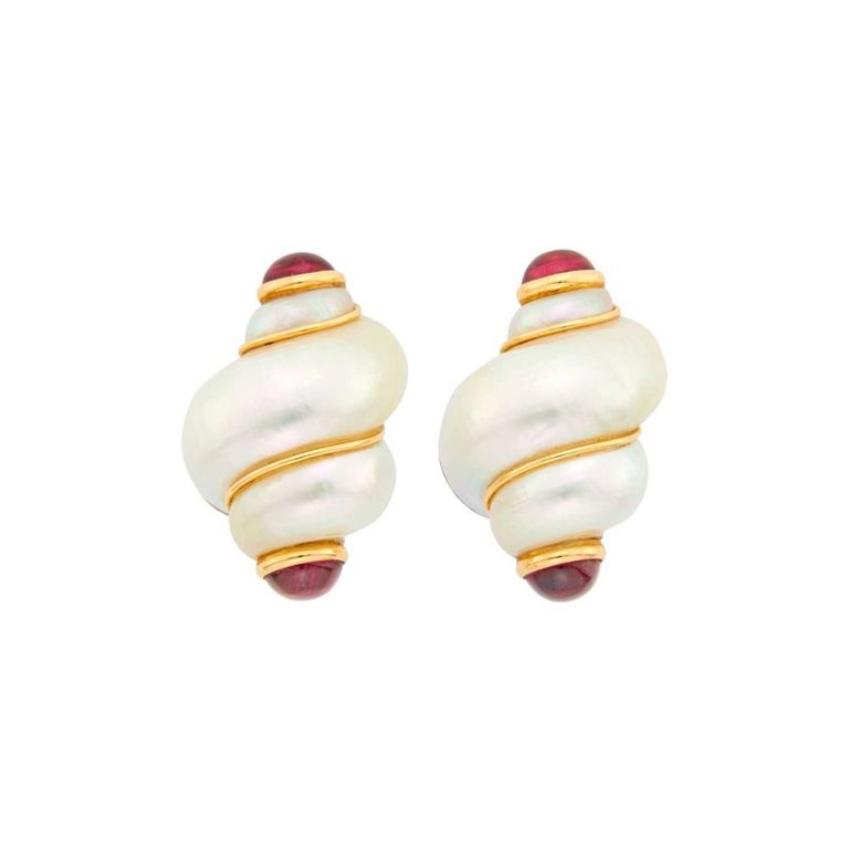 14k Gold Shell and Tourmaline Earrings