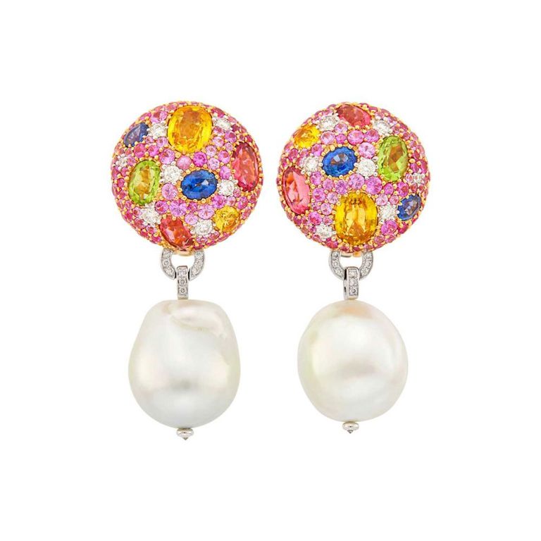 18k Two-Color Gold Gem-Set Pearl Pendant-Earrings