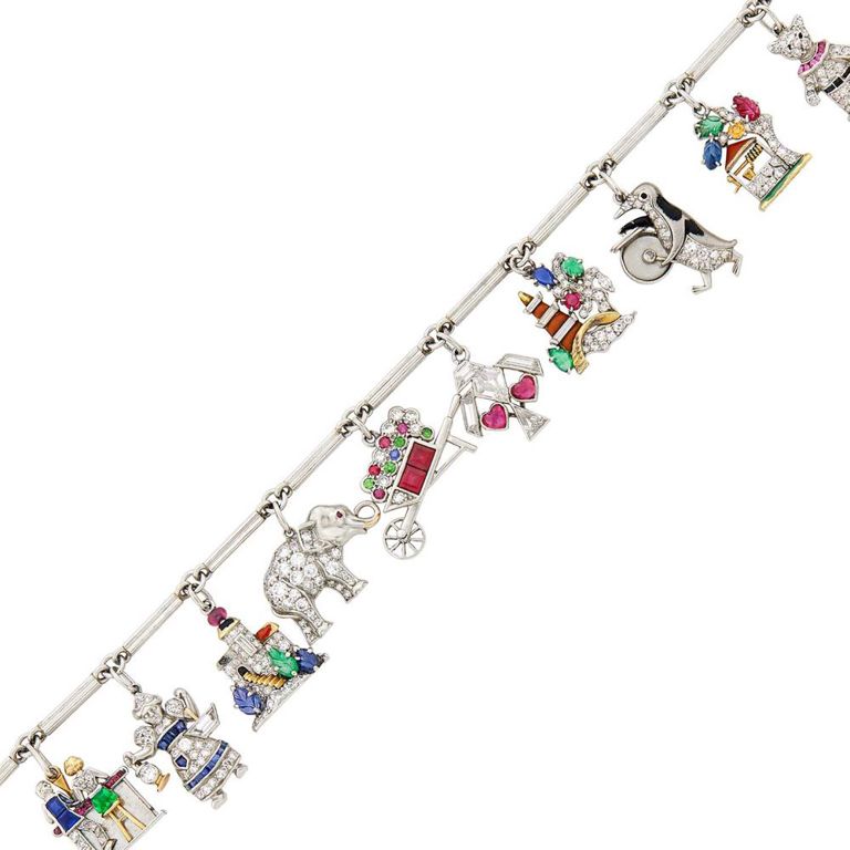 Platinum and Gold Gem-Set Charm Bracelet