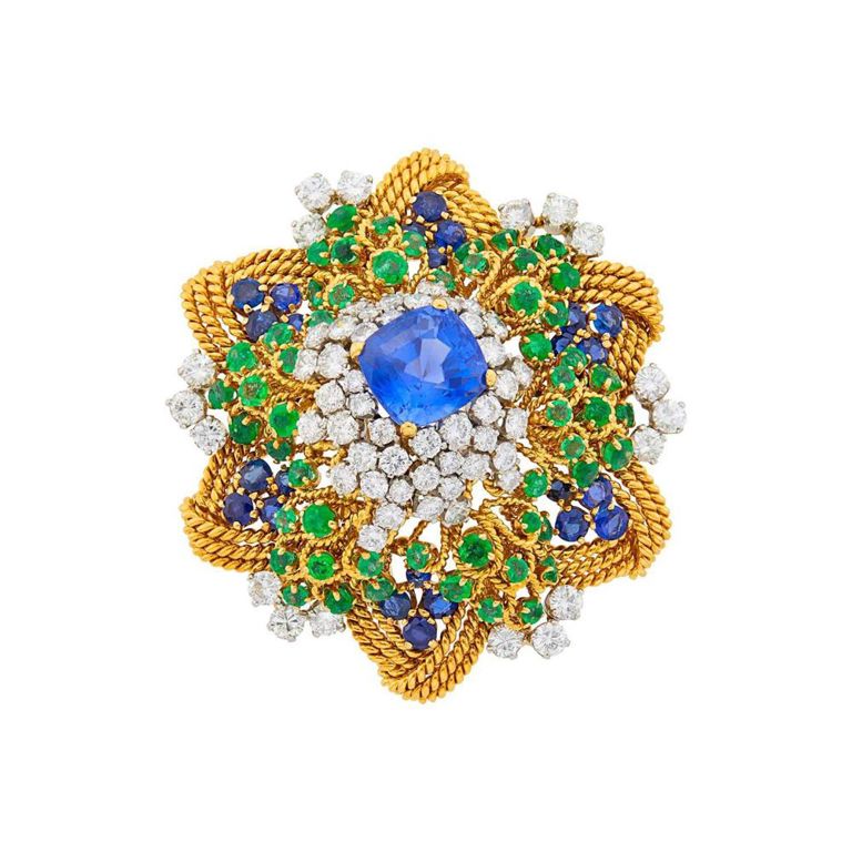 Sapphire, Emerald and Diamond Brooch