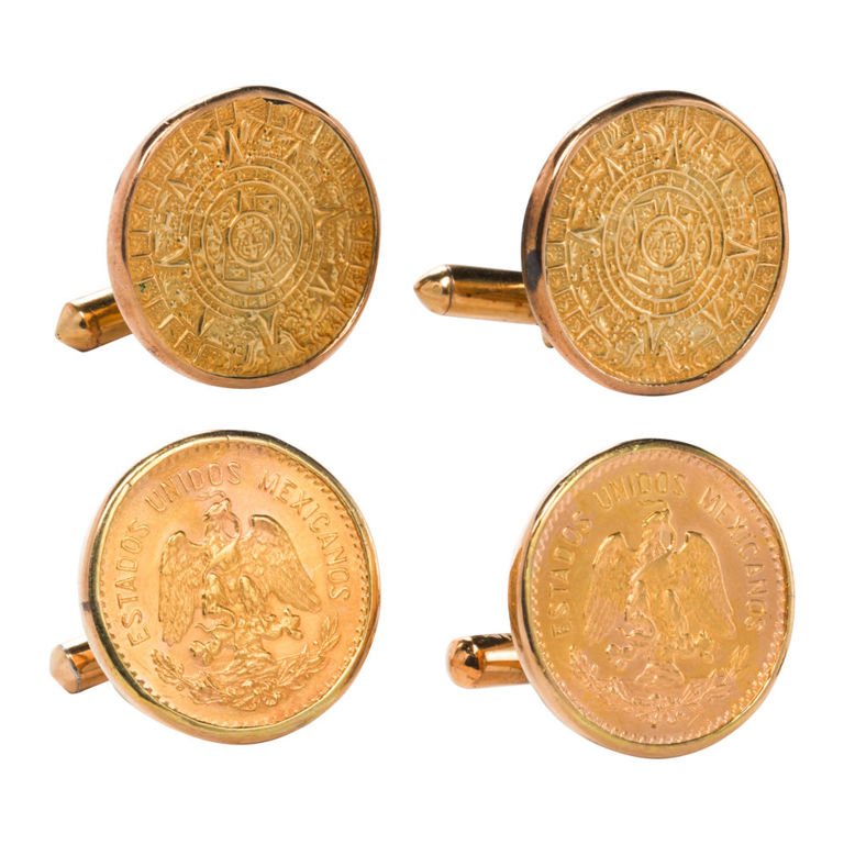14k Gold Mexican Coin and Aztec Calendar Cufflinks