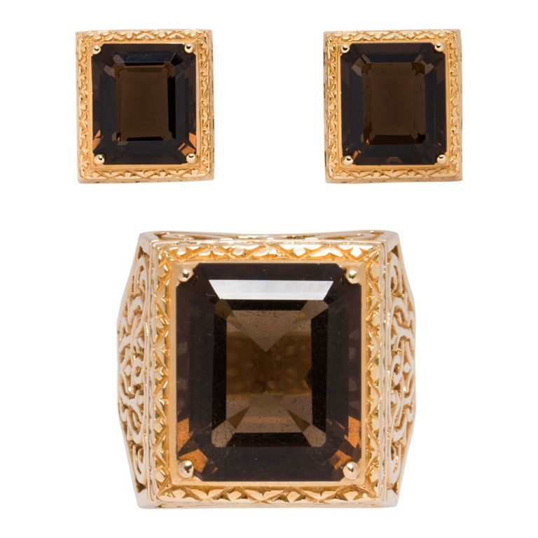 14k Gold Smoky Quartz Ring and Earrings