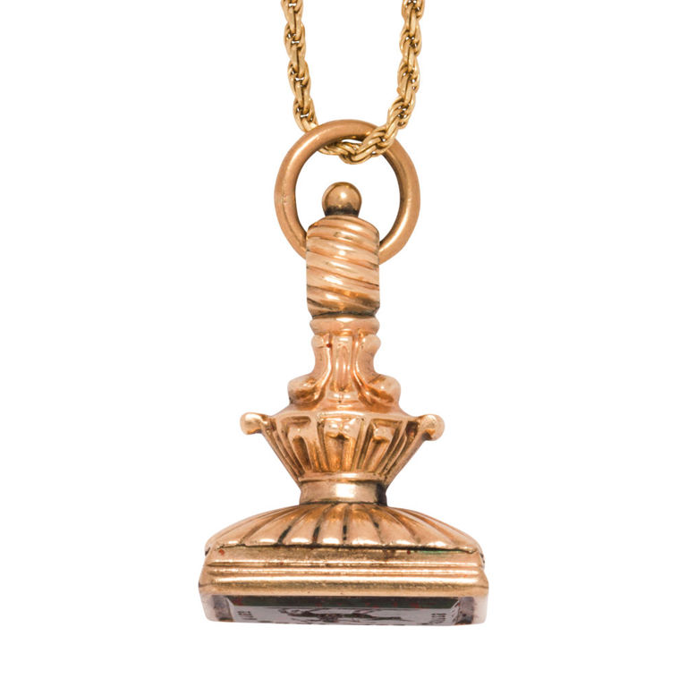 14k Gold Bloodstone Intaglio Fob Pendant Necklace