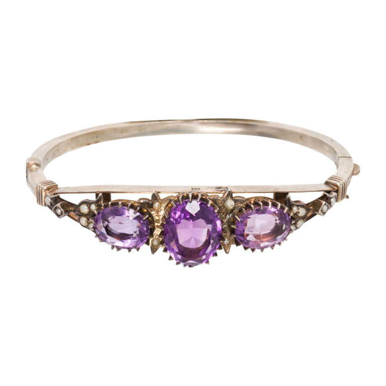 Silver Amethyst and Seed Pearl Bangle Bracelet