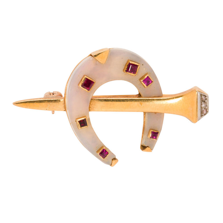 18k Gold Ruby Diamond and Rock Crystal Brooch