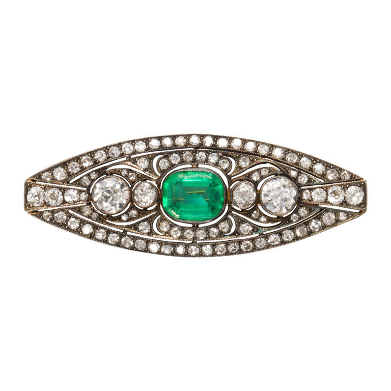 14k Rose Gold Emerald and Diamond Brooch