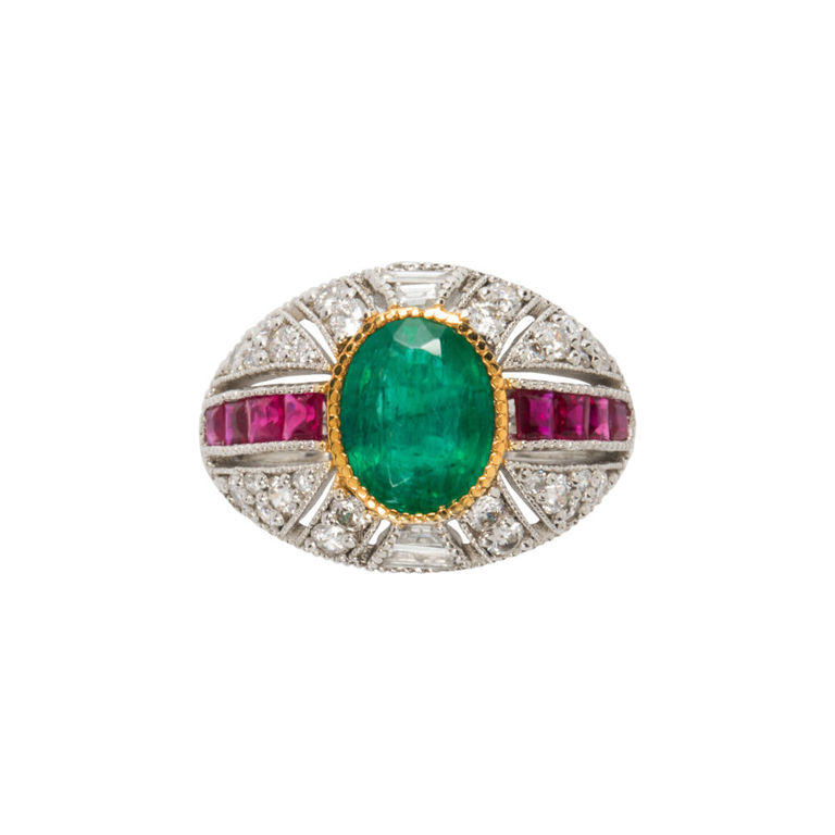 Platinum Emerald, Ruby and Diamond Ring