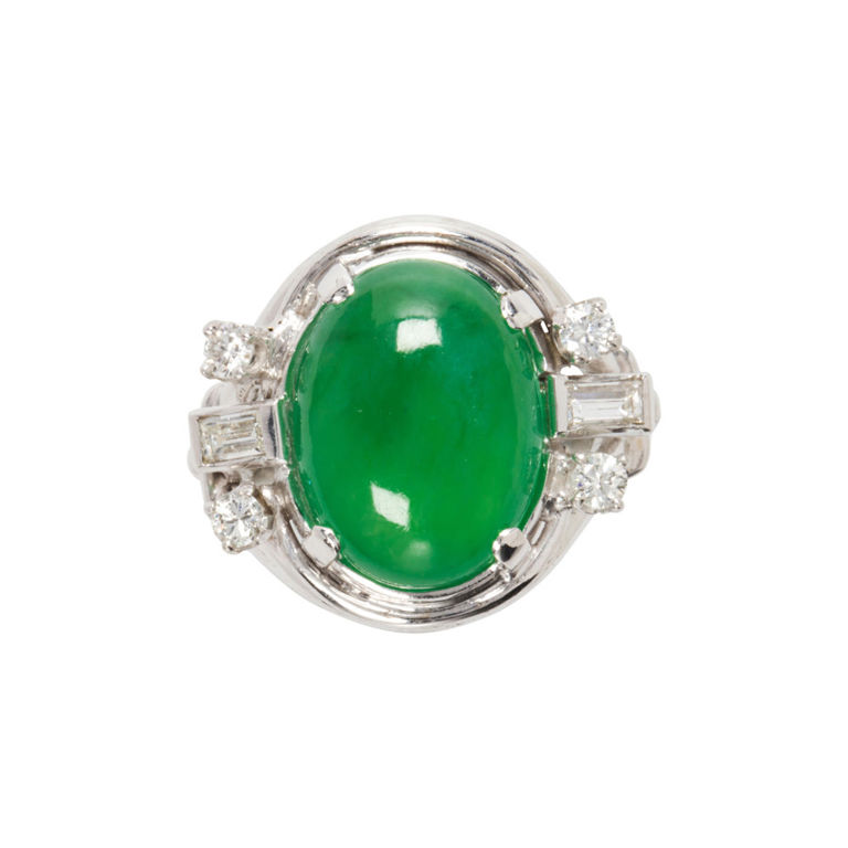 14k White Gold Jade and Diamond Ring