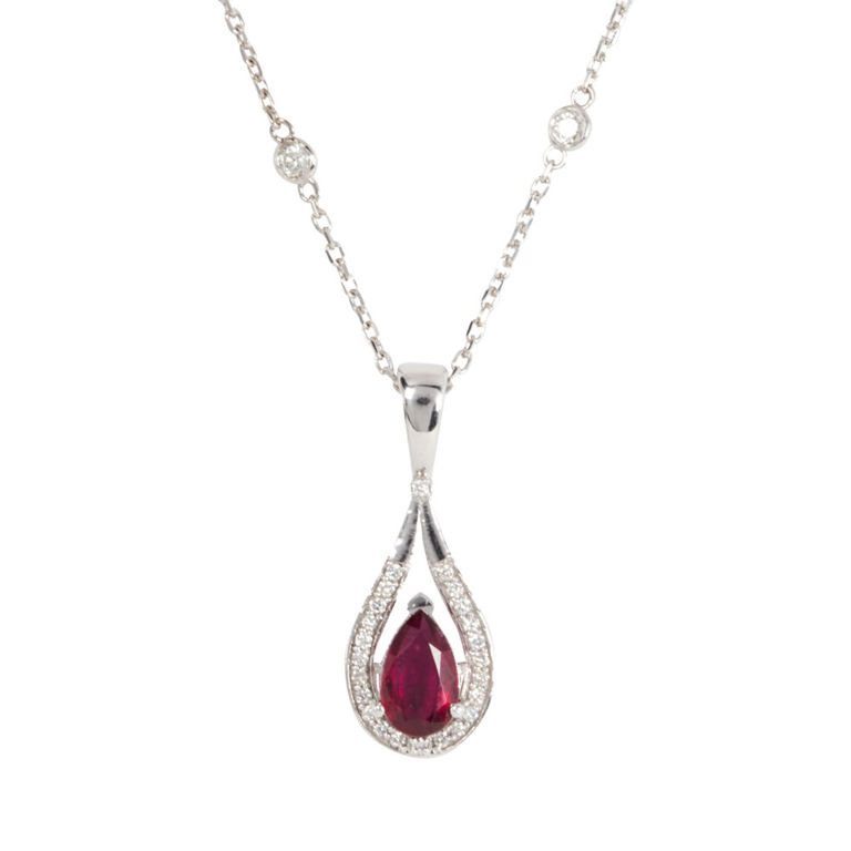 14k White Gold Ruby and Diamond Pendant Necklace