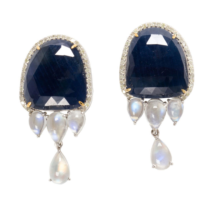 14k Gold Sapphire, Moonstone and Diamond Earrings