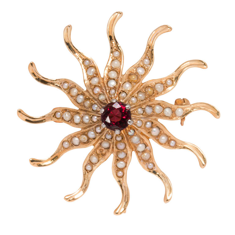 14k Gold Spinel and Seed Pearl Brooch-Pendant