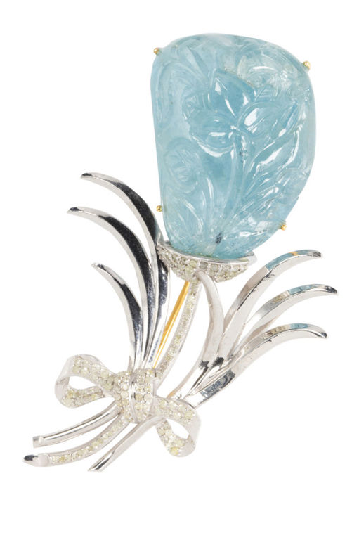 Silver Aquamarine and Diamond Brooch