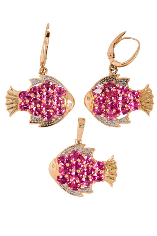 14k Gold Pink Spinel and Diamond Fish Set