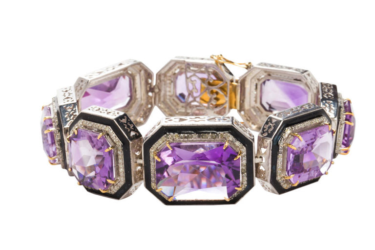 Silver Amethyst and Onyx Bracelet