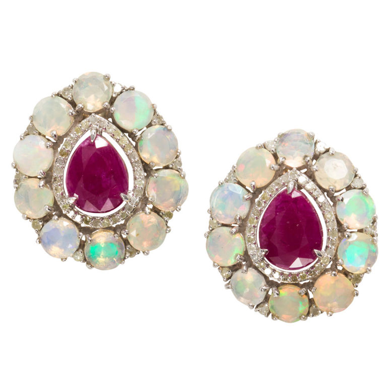 Ruby, Opal and Diamond Earrings
