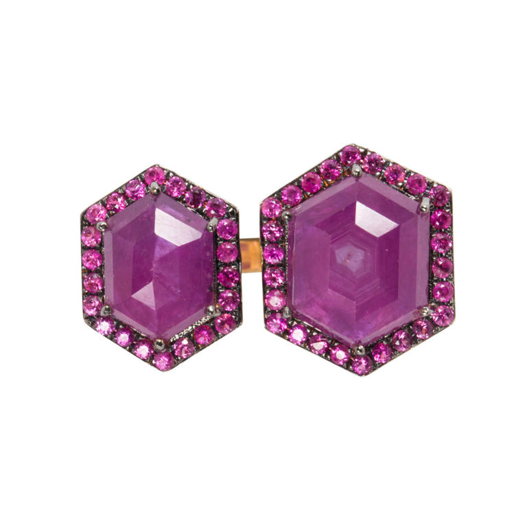 18k Gold Ruby and Diamond Two-Stone Ring