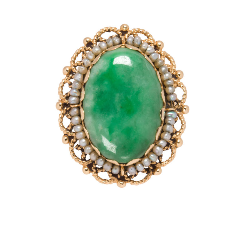 14k Gold Jade and Seed Pearl Ring