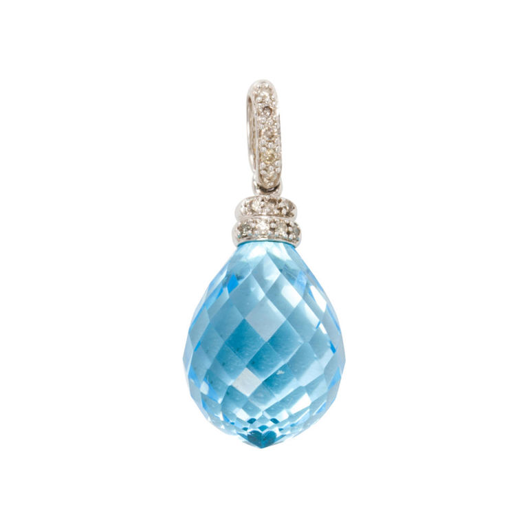 14k White Gold Blue Topaz and Diamond Pendant