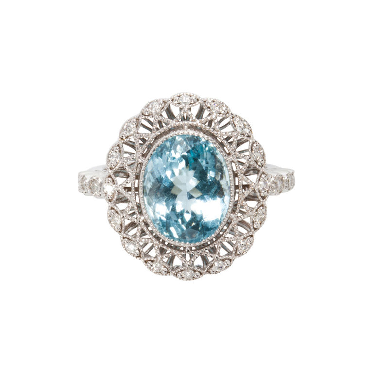 14k White Gold Aquamarine and Diamond Ring