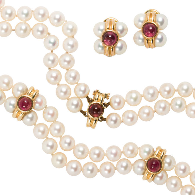 14k Gold Cultured Pearl and Tourmaline Suite