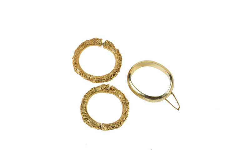 Gilt Silver Dragon, Crab and Shrimp Bangles