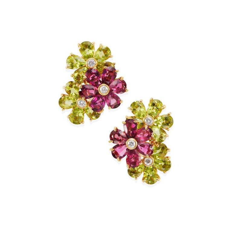 Peridot, Pink Tourmaline and Diamond Earclips