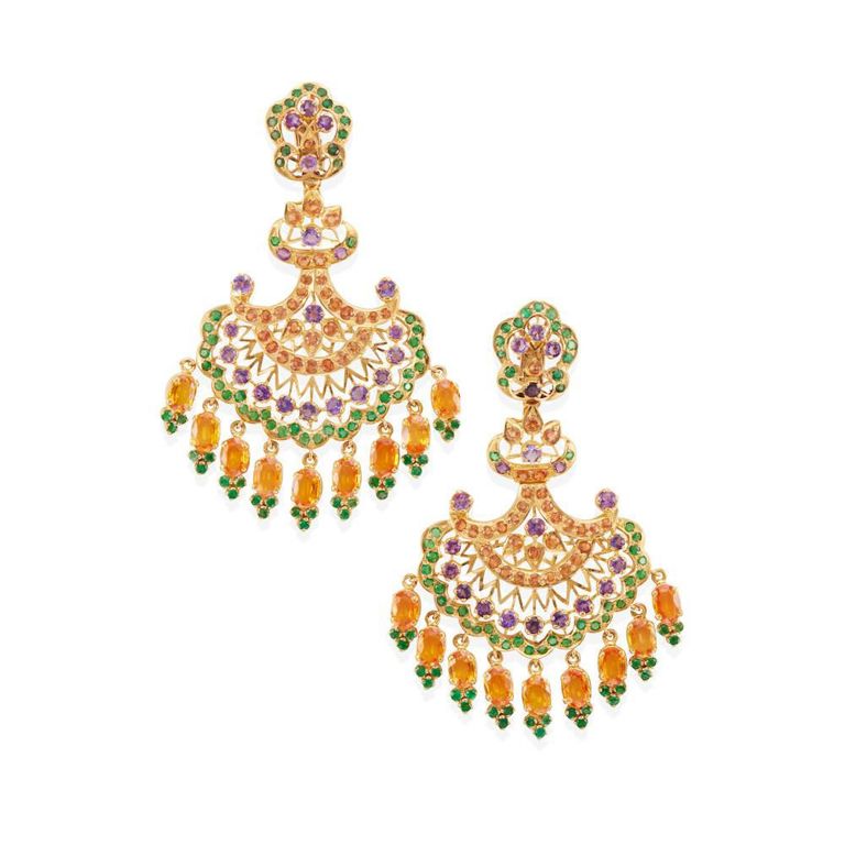 Orange Sapphire, Emerald and Amethyst Earclips