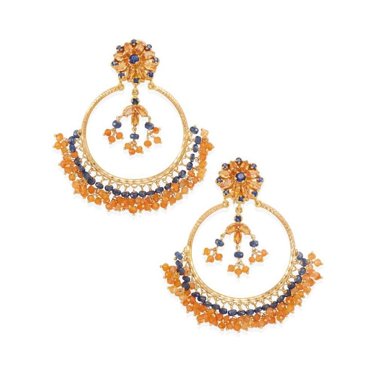 18k Gold, Orange Sapphire and Sapphire Earclips