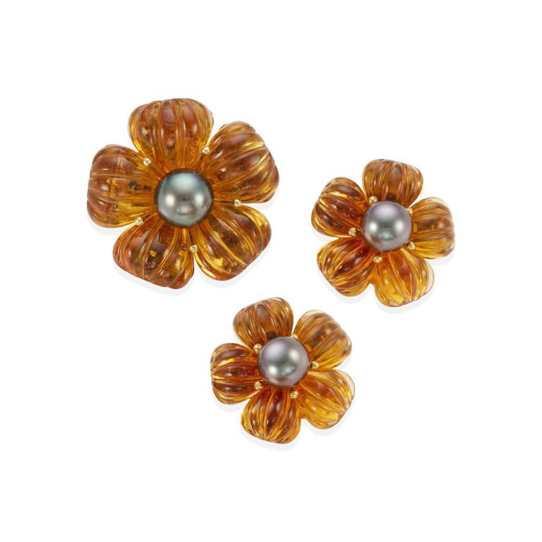 18k Gold, Cultured Pearl and Citrine Set