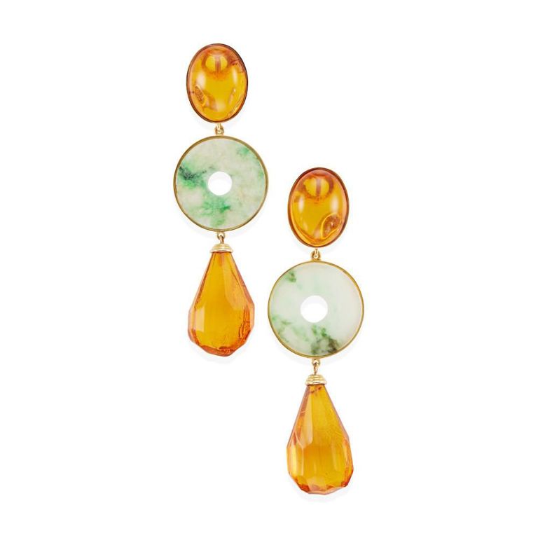 18k Gold Jade and Amber Earrings